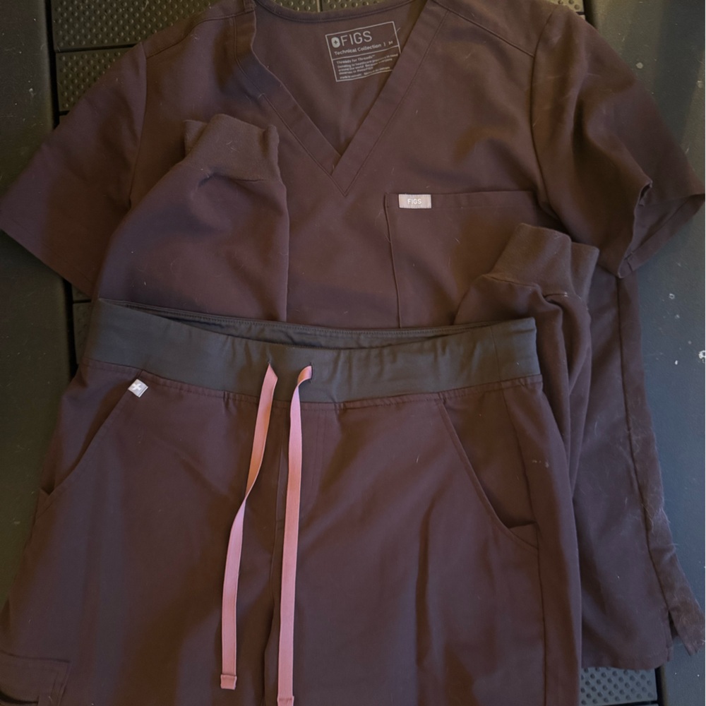 Figs Chocolate Brown Scrub Set with Pink Accents